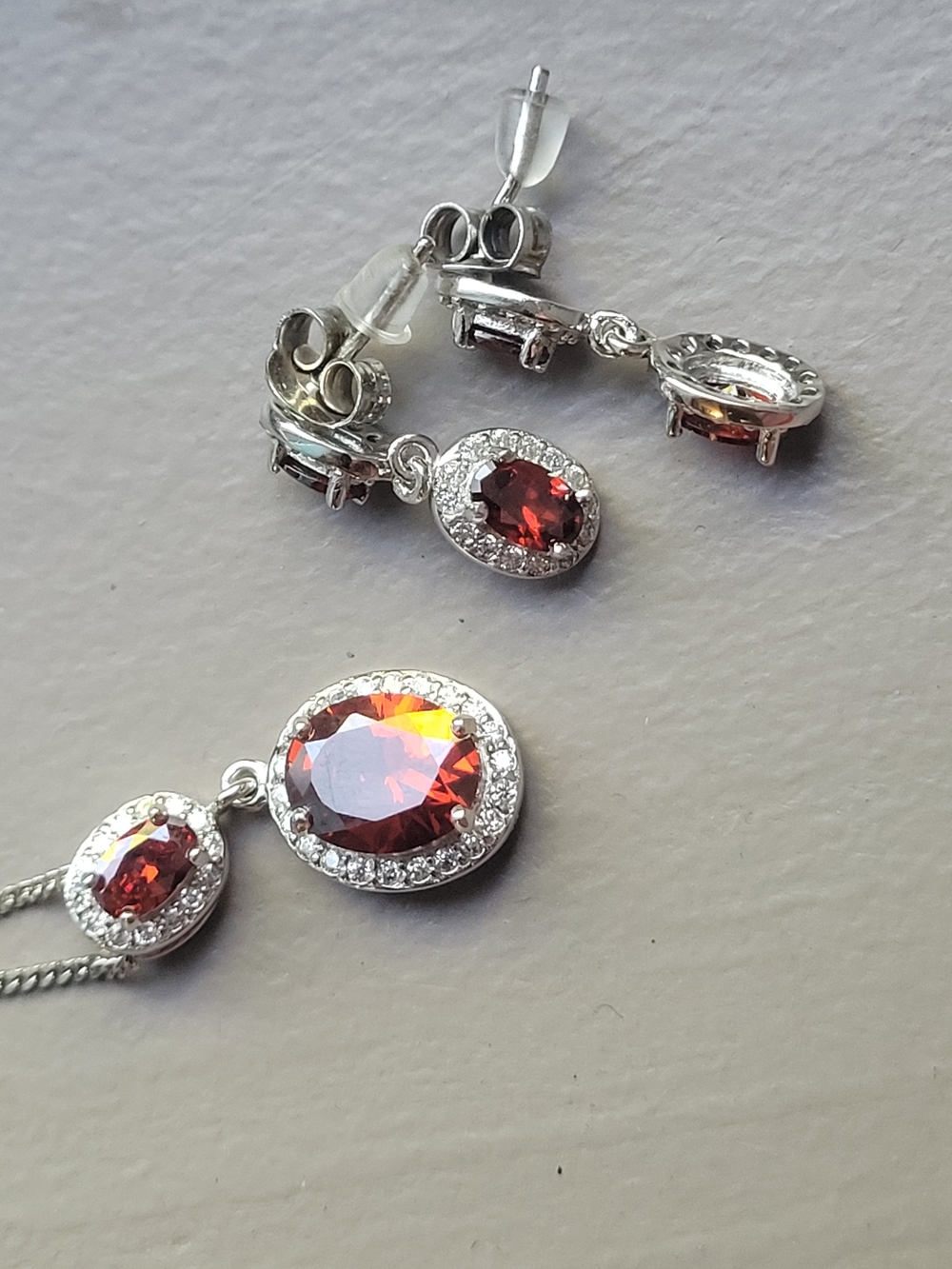 Sterling-Tone Necklace with Red Halo Gemstone Pendant